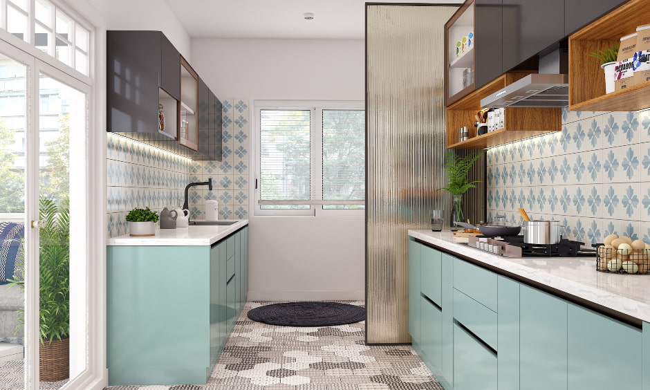 A narrow parallel kitchen design in gray and baby blue