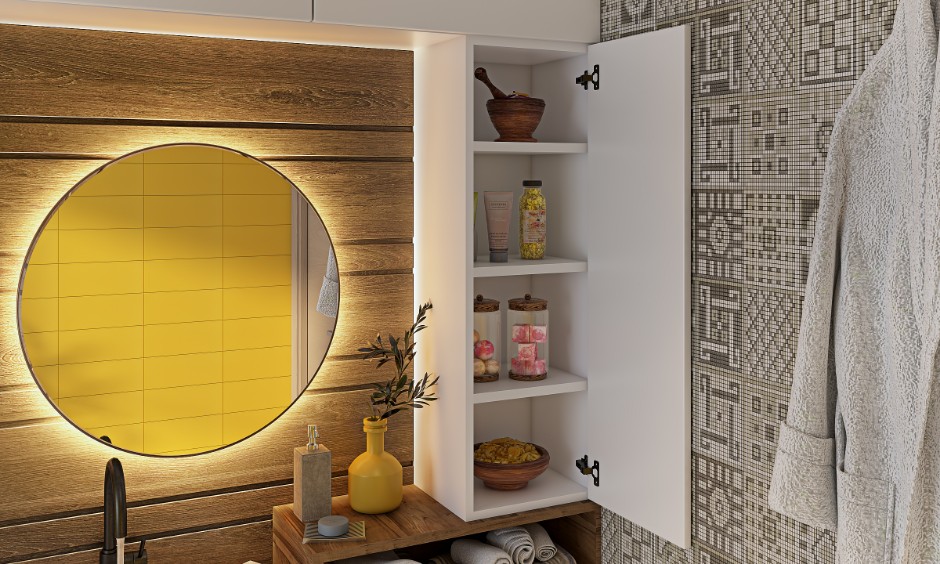 Modern bathroom designs with tall storage unit and shelving for organising bathing essentials.