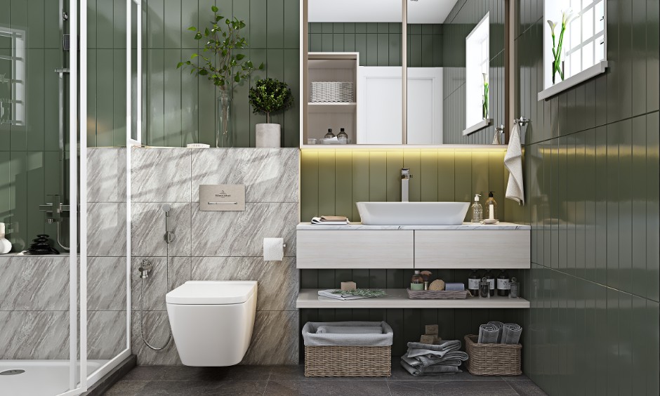 Bathroom design India in greyish green and white with antislip stone tiled flooring.