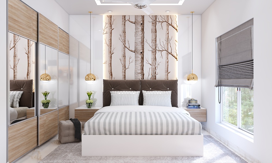 Home interior design bedroom a wooden finish sliding three-door wardrobe with mirror front design