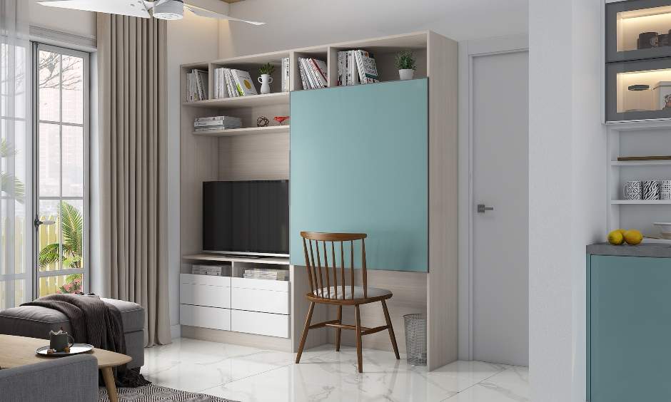 Home office design with multiple open and closed shelves to stack the books