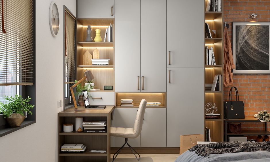 Home office design with open shelves on the sides is ideal for bedrooms with modular wardrobes
