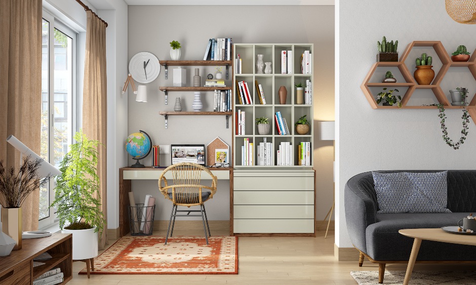 Home office desk with open shelves and bookshelf comes with a chest of handles drawers