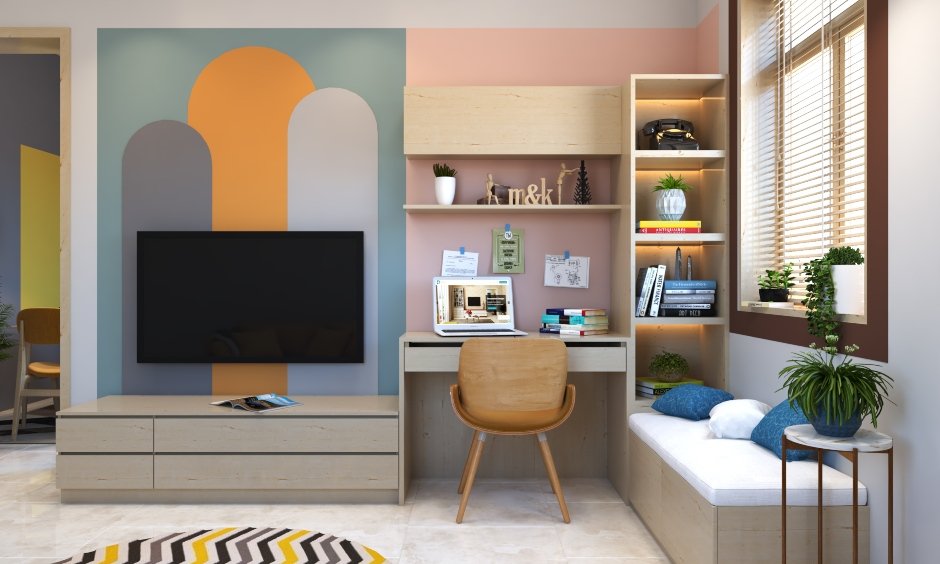 Wall-mounted home office desk comes with floating shelves to store books and work documents