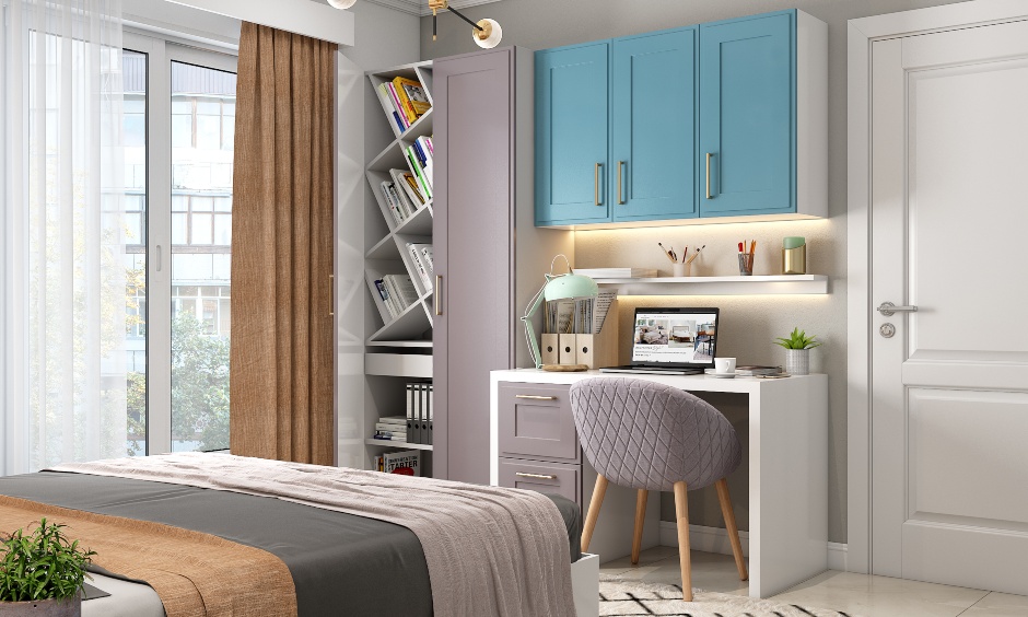 Home office desk with overhead cabinet, drawers and bookshelf for ample storage