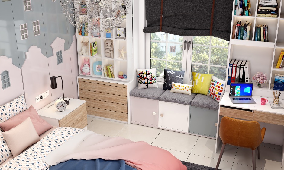 Kids bedroom attached study with window bay seating makes the room a haven for kids