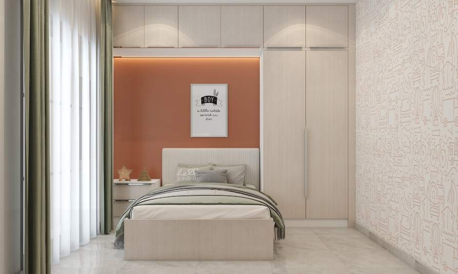 Kids' bedroom for boys with a light wood laminated wardrobe and single bed