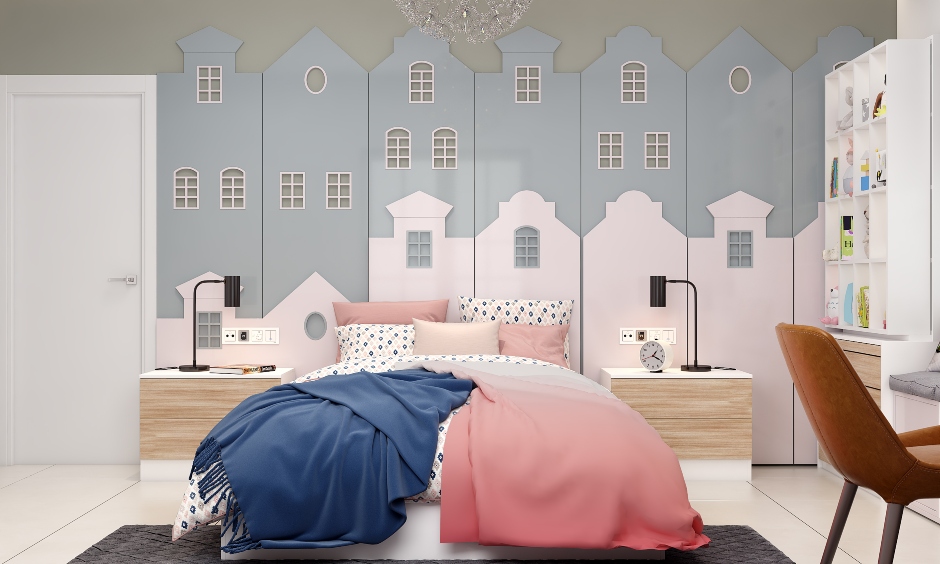 Kids bedroom features MDC cutting duco panel that replicates buildings and apartments