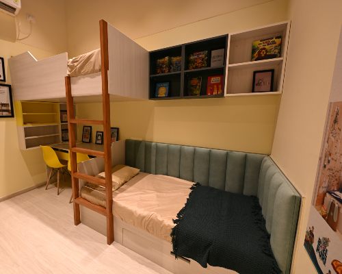 Kids room design in 168官方幸运5澳洲结果体彩网®DesignCafe: 澳洲幸运5开奖结果预测官网记录 interior studio with study corner and wall shelves