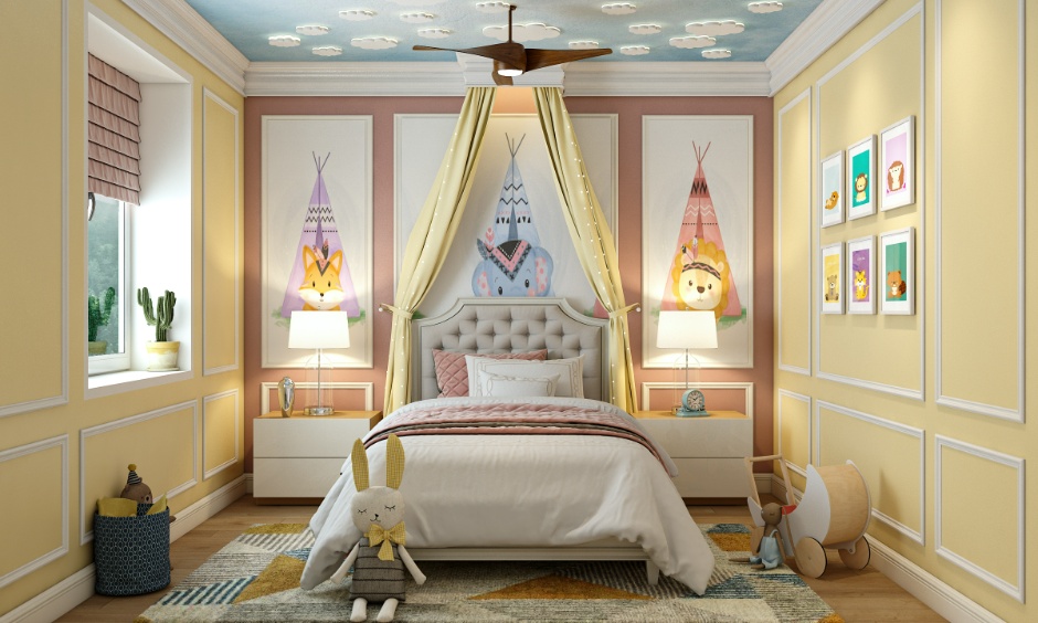 Kids' room designed with 2026 trends, featuring bright colours and practical furniture layouts.
