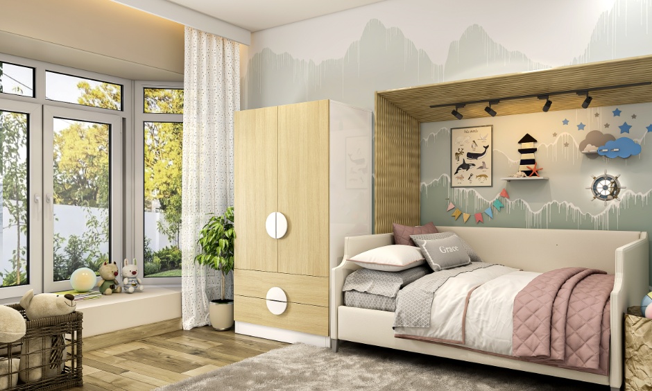 Modern kids bedroom with compact wardrobe design, interior lighting, study desk, and smart storage for organized living