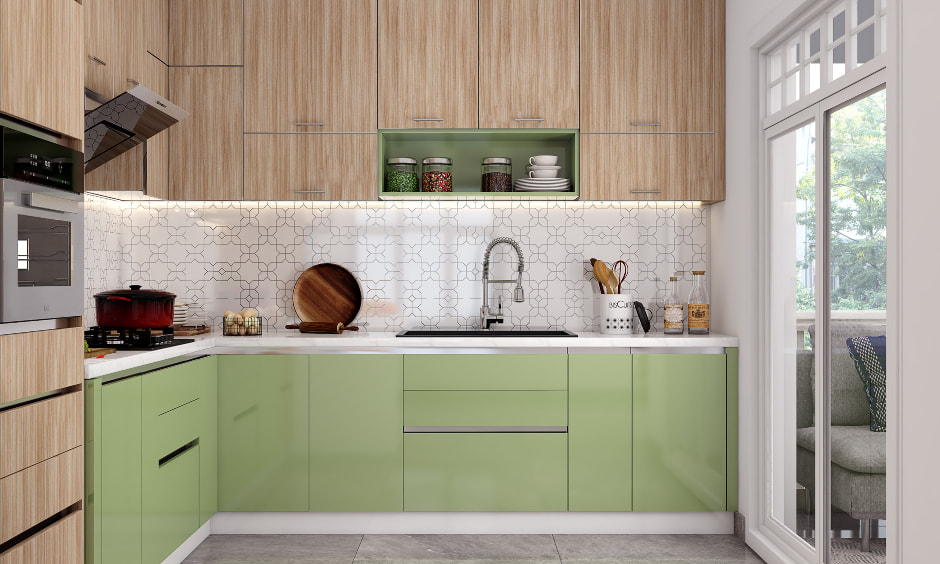 Kitchen top cabinet in wood-like and bottom in lime green laminate