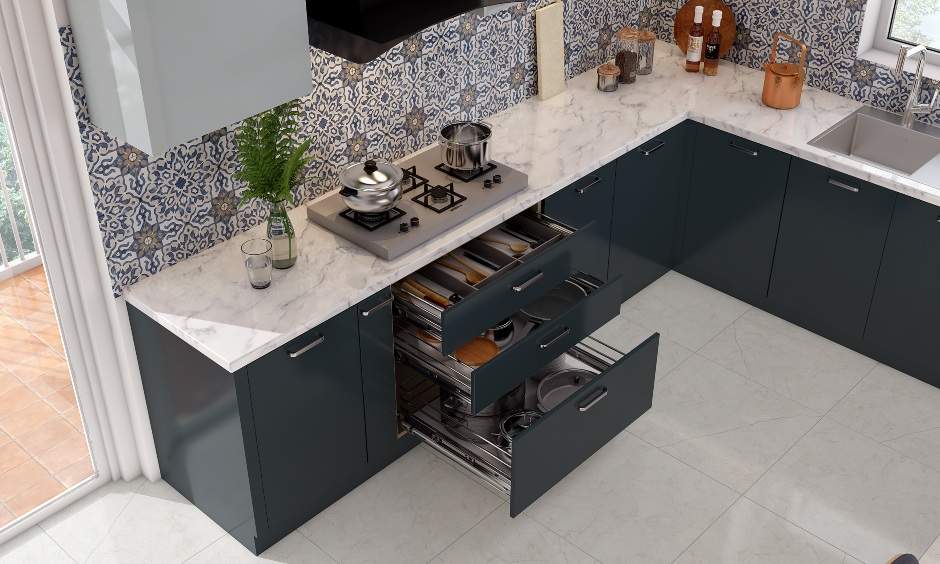 Modern kitchen drawers designed for organized cutlery storage and accessories