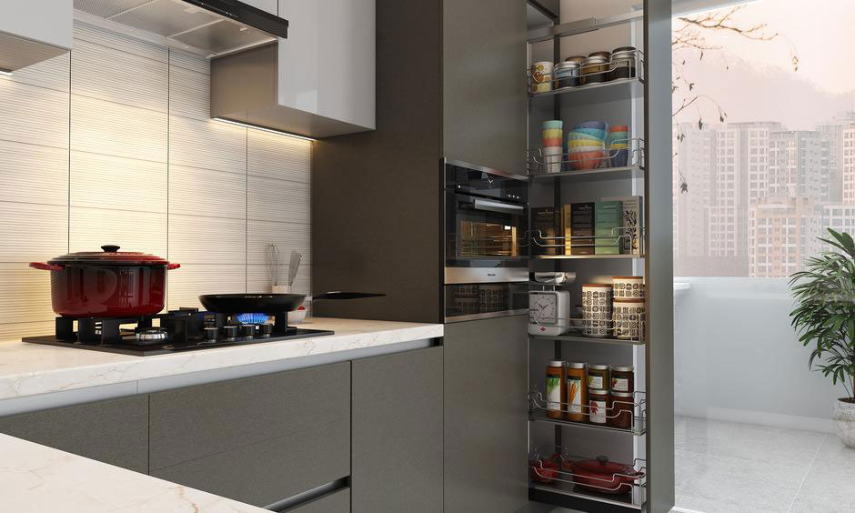 Pull-out kitchen pantry unit with tall vertical storage, wire racks and neatly organised jars