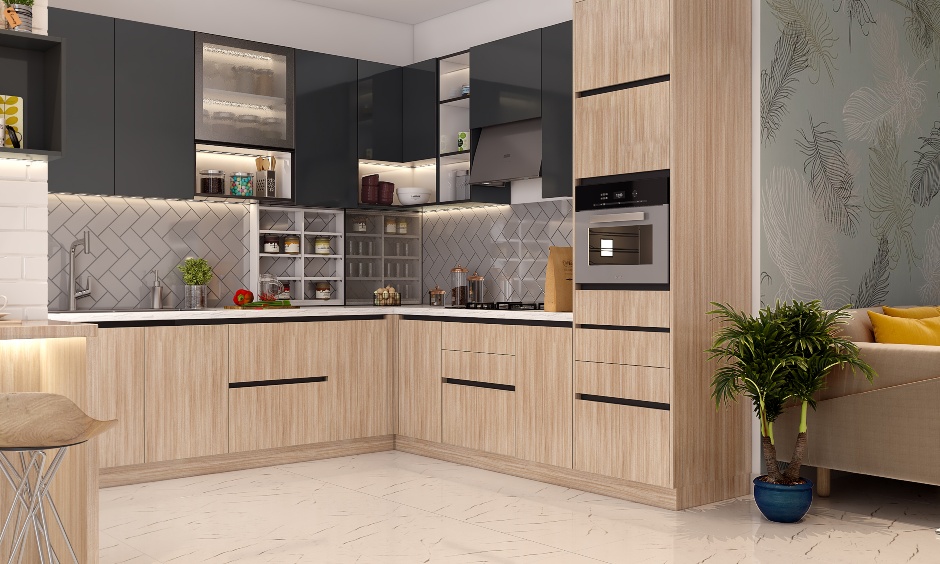 L-shaped modular kitchen comes in a dual combination of black laminate finish and natural teak wood design