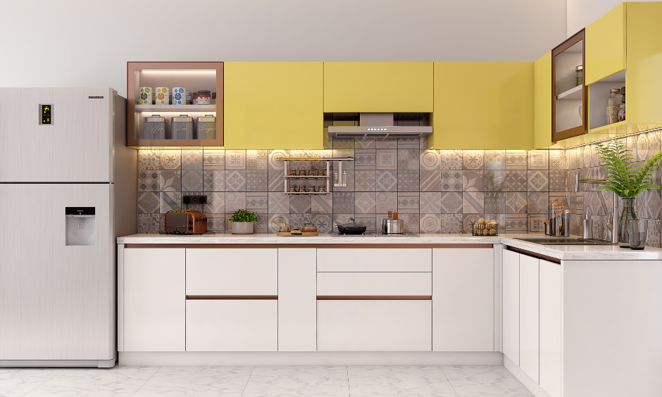 L-shaped modular kitchen with beautiful Moroccan tile backsplash