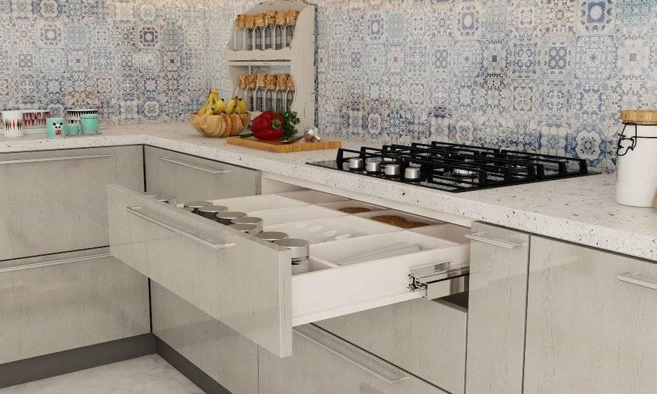 L Shaped Kitchen layout with l shaped countertop for small kitchen interiors with drawers