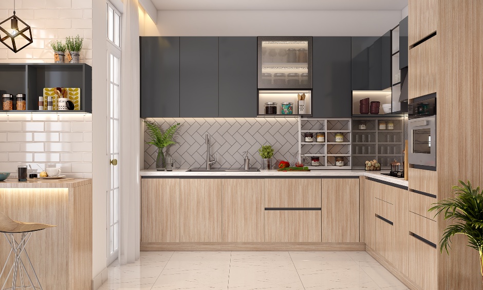L-shaped kitchen design with handless canbinets in dual finishes