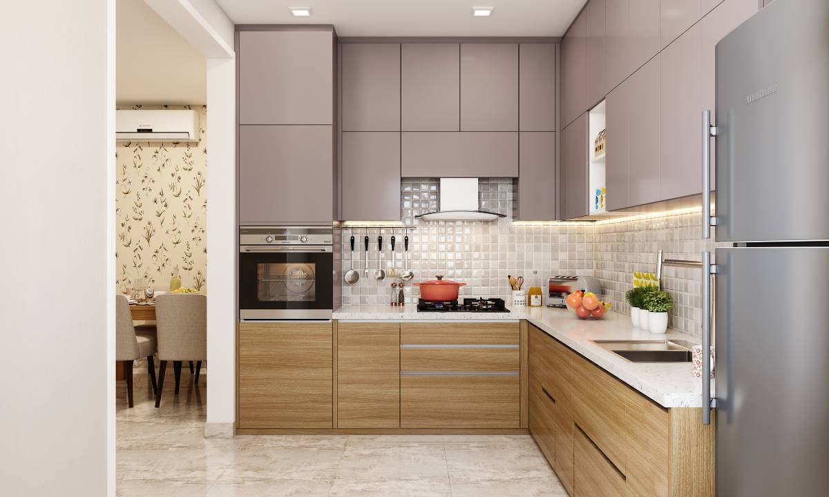 L-shaped kitchen in muted lavender and wood finishes