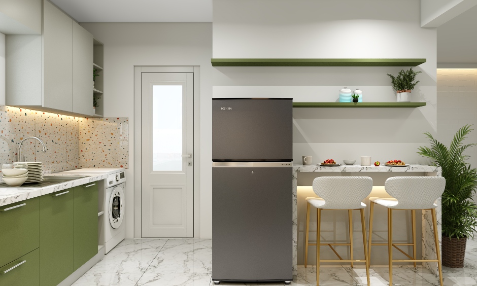 L-shaped kitchen with wall-mounted dining table complemented by two floating shelves above it