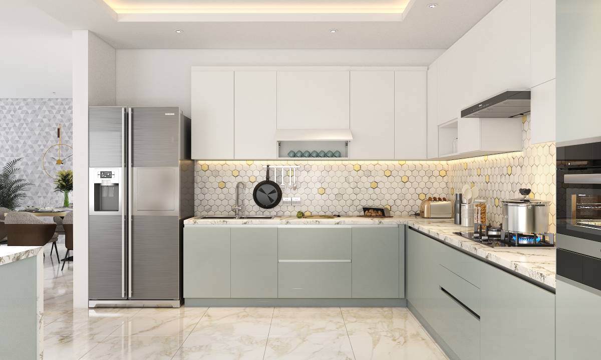 Soft grey and white L-shaped kitchen layout ideal for modular kitchen calculator inputs