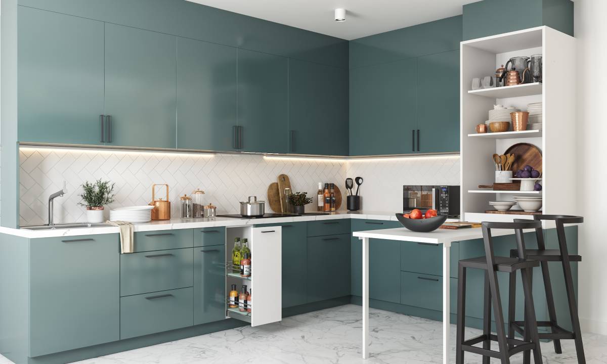 Teal L-shaped modular kitchen with breakfast bar that helps modular kitchen cost calculation