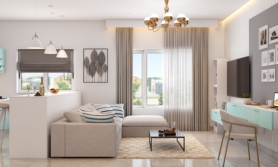 A living room cum open island kitchen in earthy tones gives soothing look to the space