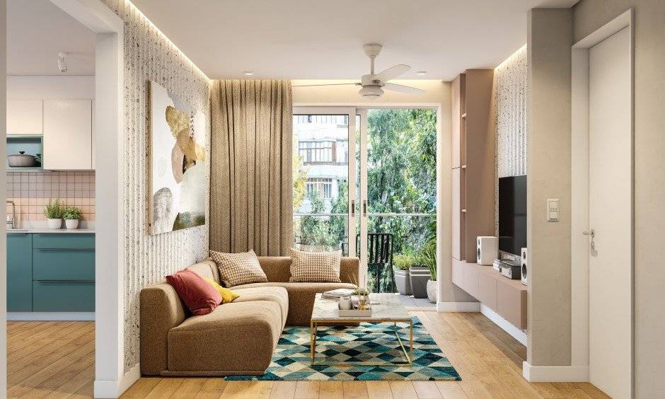 Living room interior design for small indian homes with subtle pastel dual tone