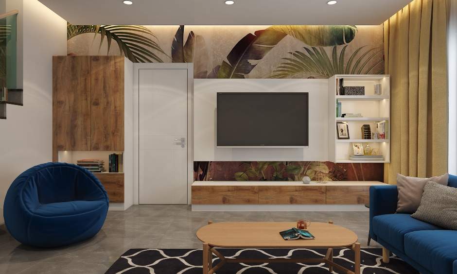 Living room TV unit against floral wallpaper gives a touch of nature