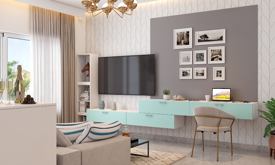 A living room tv unit comes with a floating cabinet also doubles as study unit