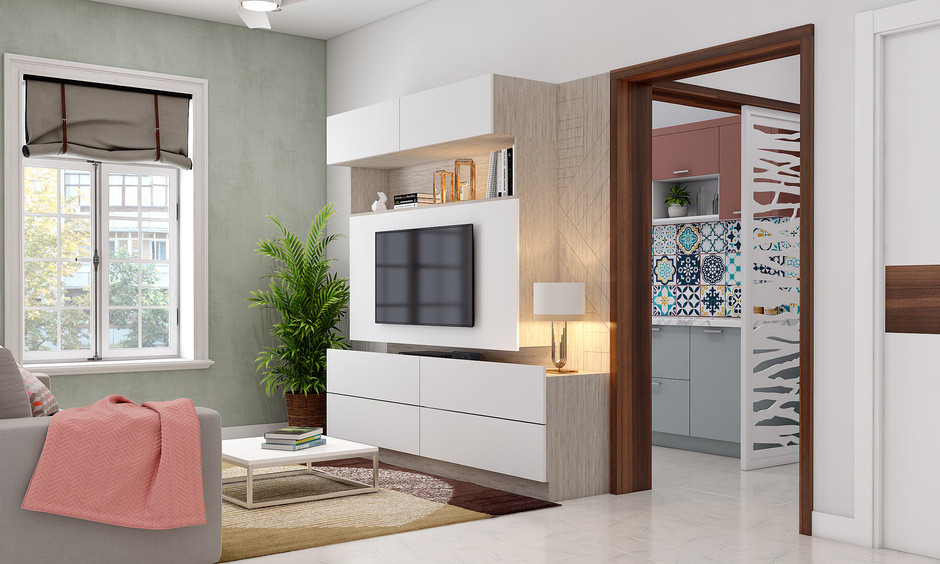 Living room with lift-top TV unit