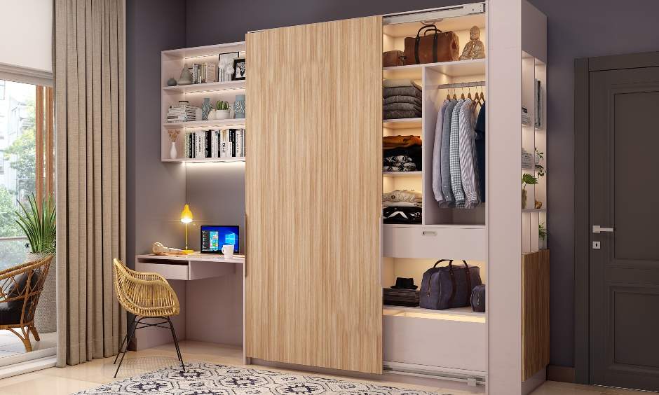 Luxurious bedroom comprises a sliding door wardrobe with backlit comportments