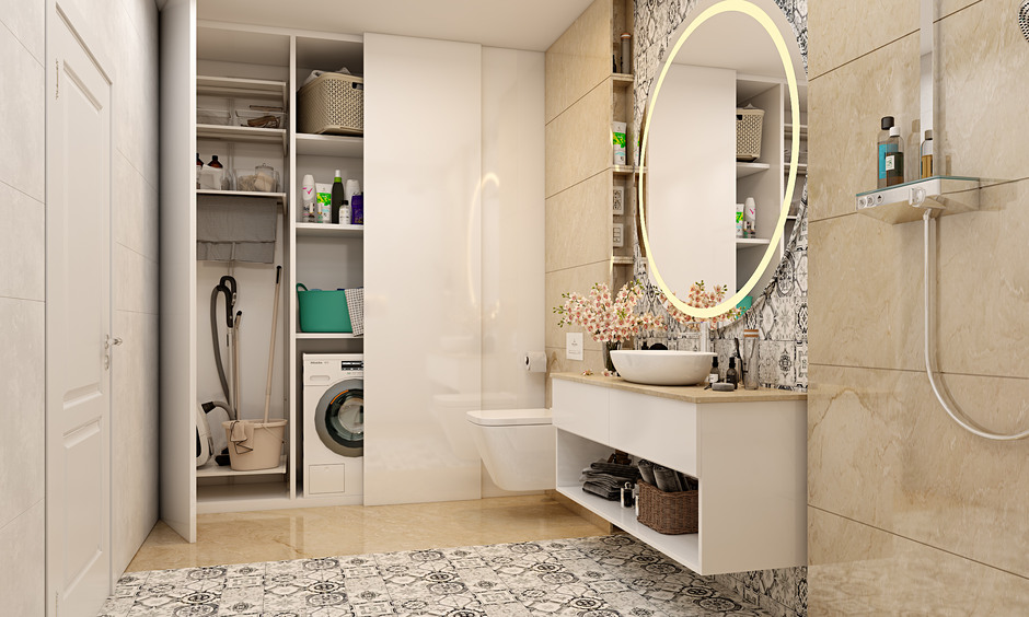 Master bathroom design with space-saving laundry unit, patterned ceramic tiles, and wall niches.
