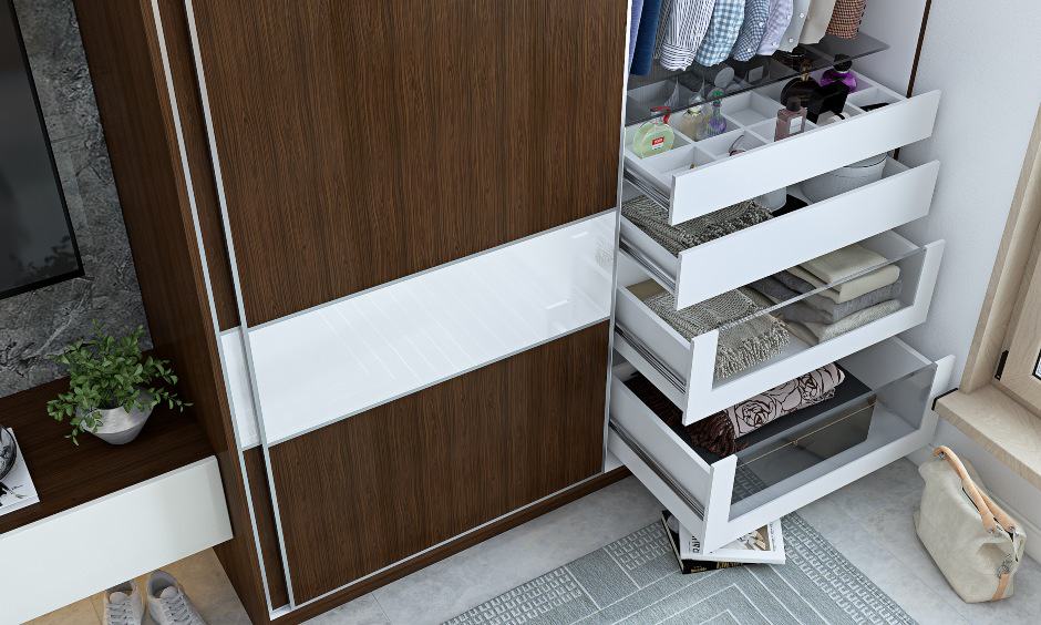 Mens wardrobe with drawers with glass fronts provide space to store