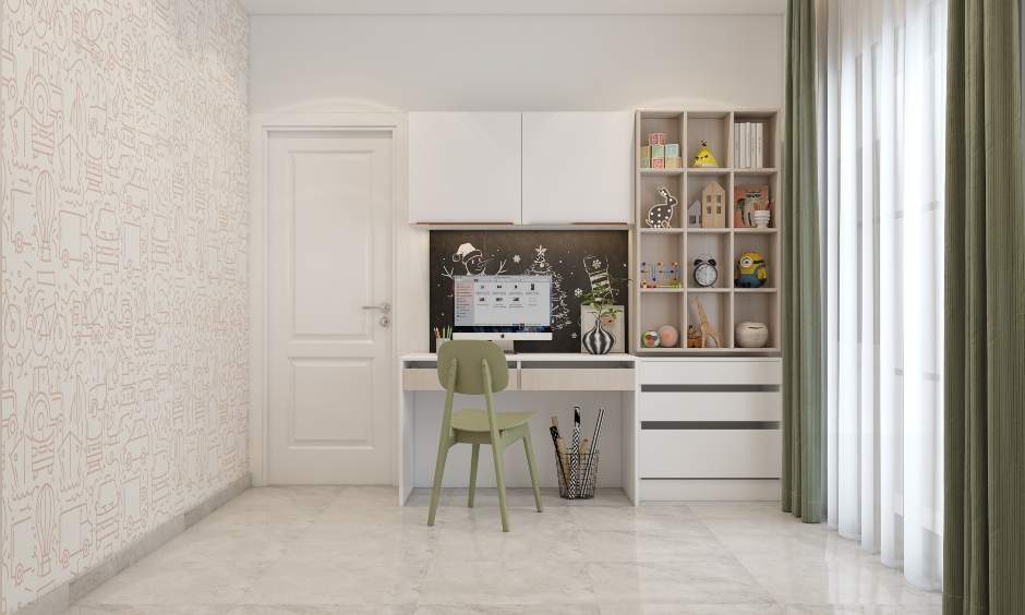 Minimalist kids' bedroom has a white desk with an attached bookshelf