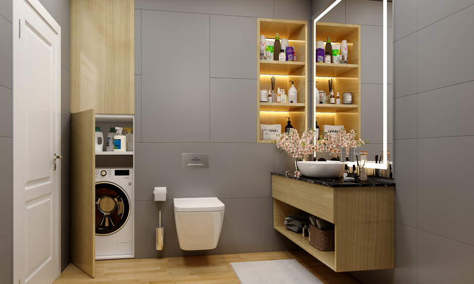 Minimalistic bathroom design in grey and wood with floating vanity and laundry unit space.