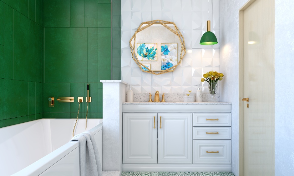 Luxury modern bathroom design with bathtub and ceramic tiles in emerald green and white.