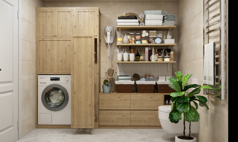 Modern bathroom design with customised laundry area with a variety of storage solutions.