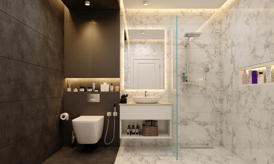 Bathroom interior design featuring white marble shower cubicle and wall niche for storage