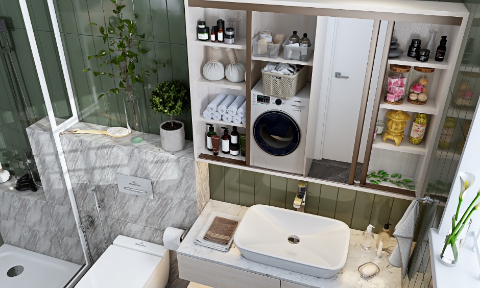 Greyish green and White modern bathroom designs with under sink storage and sliding mirror cabinet.