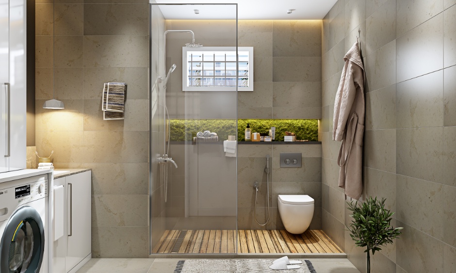 Modern bathroom interior with neutral shades of white and grey mixed with warm earthy colours.