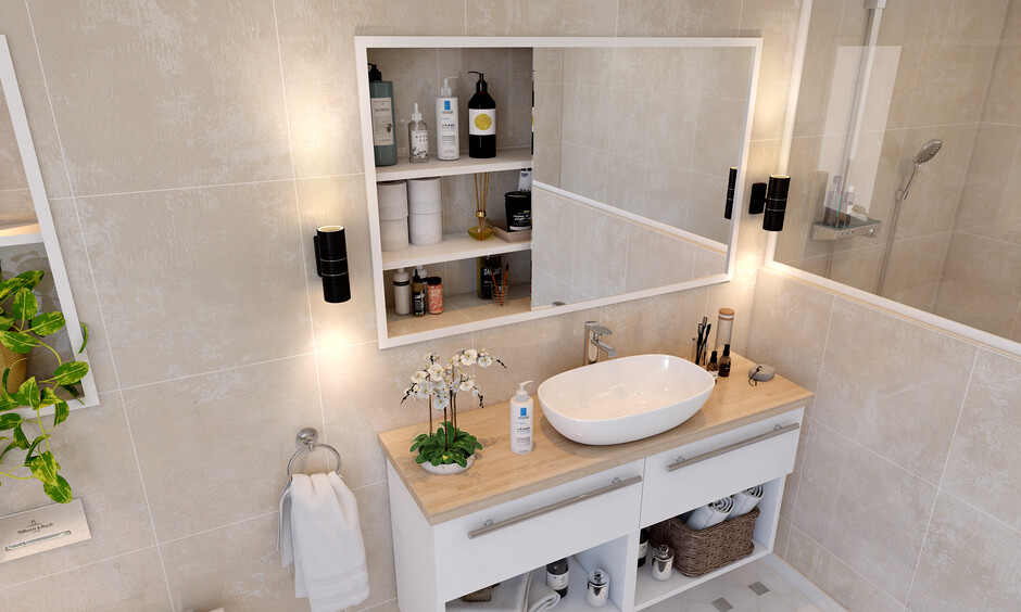 White and beige modern bathroom with floating vanity and sliding mirror hidden storage.
