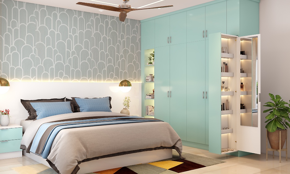 A modern bedroom design 2022 with loft storage and a hidden pull-out dresser unit