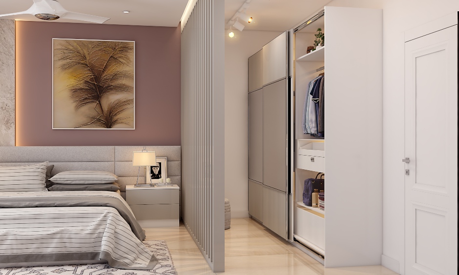 A modern bedroom interior design with a walk-in closet with a sliding door looks more spacious