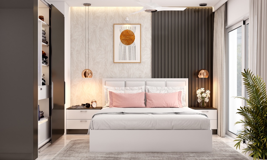 Modern bedroom king-size bed with cushioned upholstery