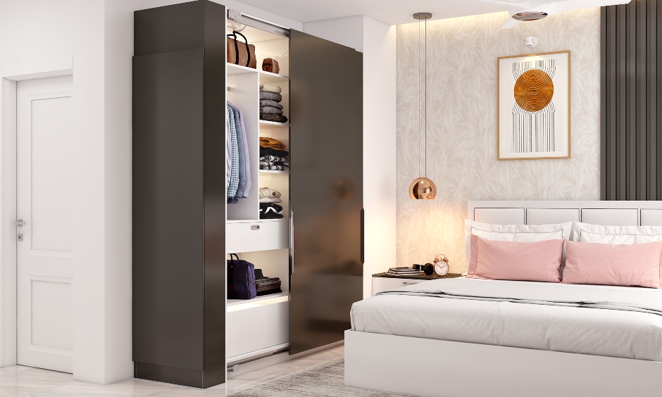 A sleek and modern bedroom featuring a stylish wardrobe with backlit compartments and sliding doors