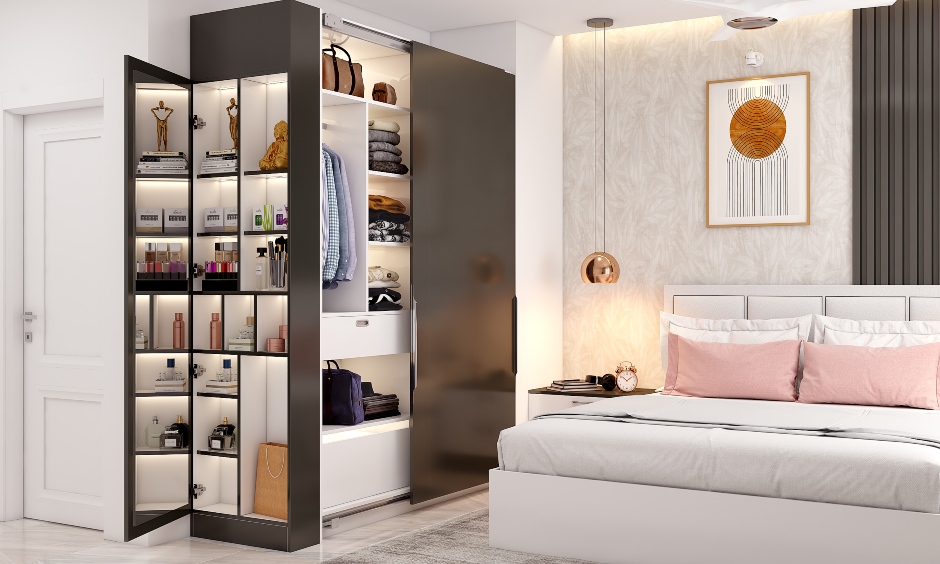 Modern bedroom with wardrobe cum dresser unit with multiple compartments