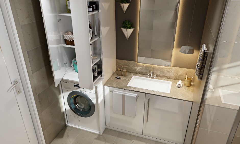 Modern compact bathroom design featuring tall unit storage for a washing machine in grey.
