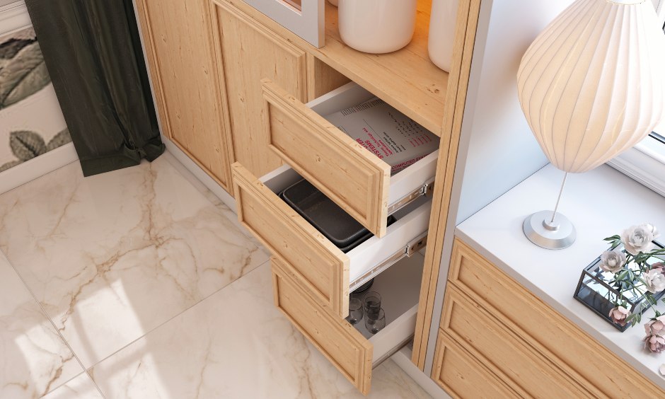 Modern eclectic dining room with crockery unit with handleless drawers