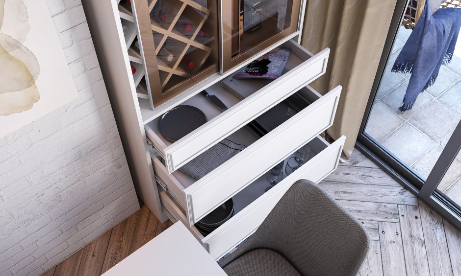 Modern industrial dining room design with compact bar unit with wine rack and base drawers